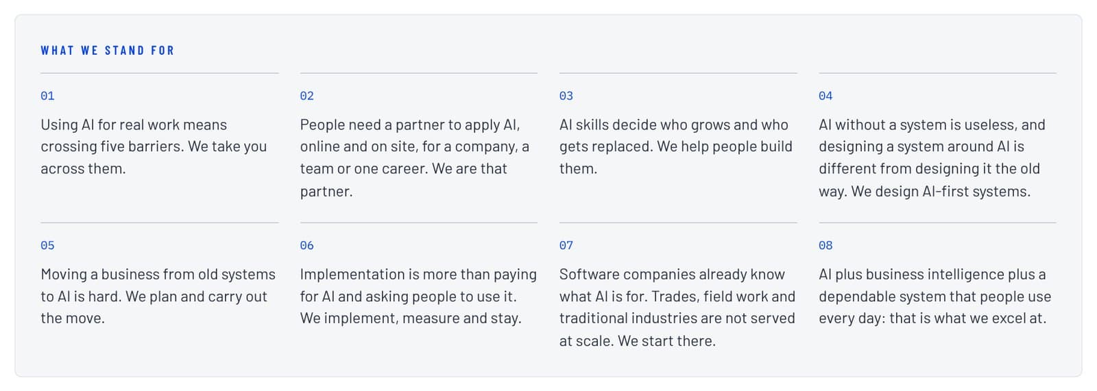 Eight short numbered principles, among them that AI without a system around it is not useful.