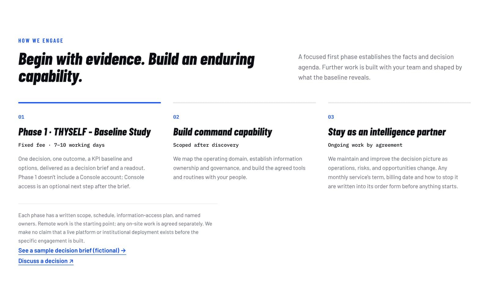 Three engagement phases on the Watch Tower site: a baseline study, building command capability, and staying as an intelligence partner.