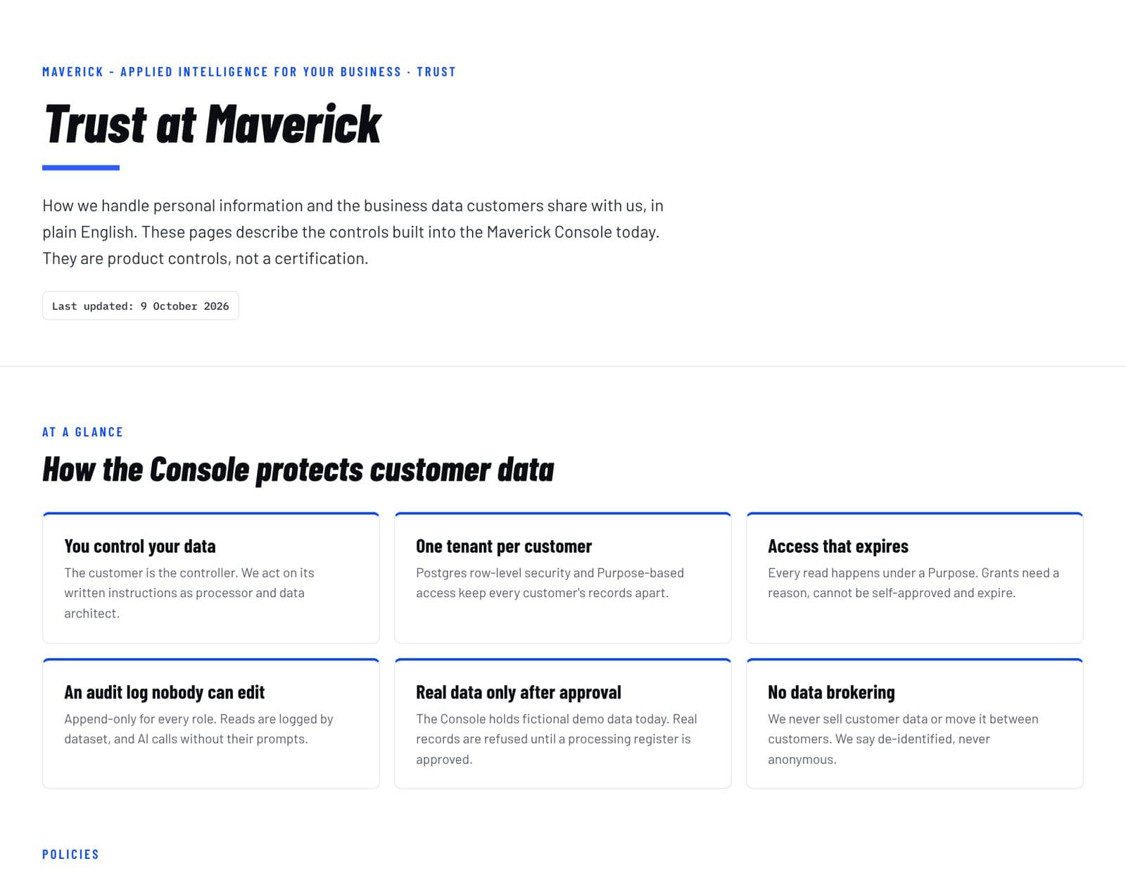 The Trust at Watch Tower page, listing who controls customer data, how access expires and that data is not brokered.